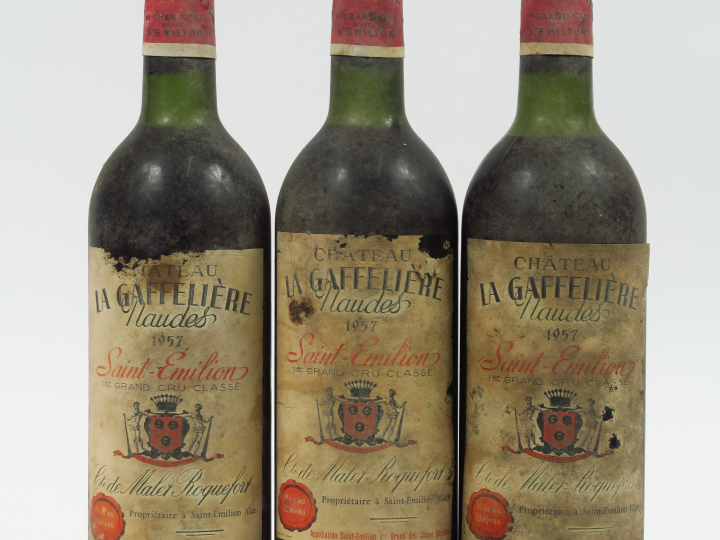 3 BOUTEILLES CHÂTEAU LA GAFFELIERE 1er GCC ST EMILION - 1957 - 2 LB/1 