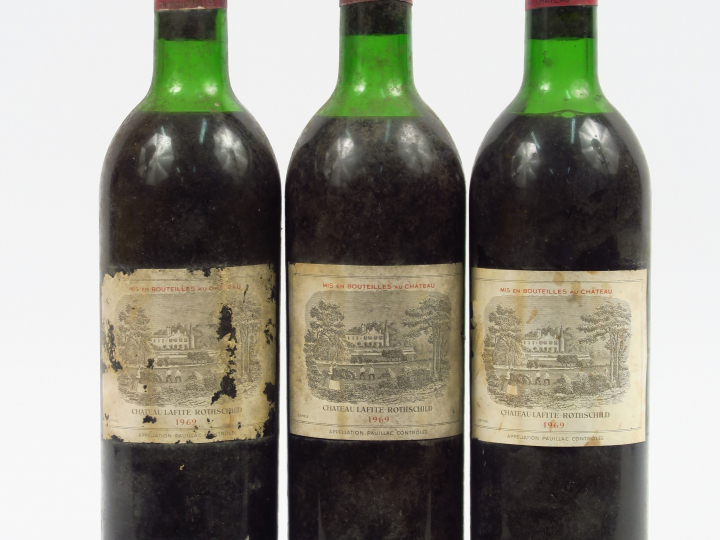 3 BOUTEILLES CHÂTEAU LAFITE ROTHSCHILD 1er GCC PAUILLAC - 1969 - 1 HEP