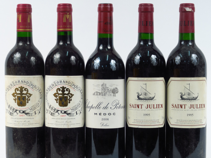 5 BOUTEILLES : 2 GRESSIER GRAND POUJEAUX MOULIS 1997 - 2 ST JULIEN DE 