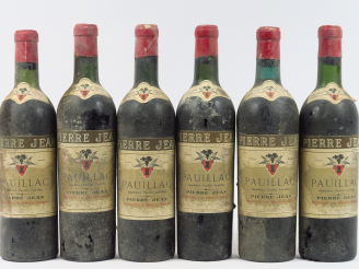 Vente aux enchères 6 BOUTEILLES PAUILLAC P. JEAN ANNEES 50 - 4 BG/2 LB/BS/ET