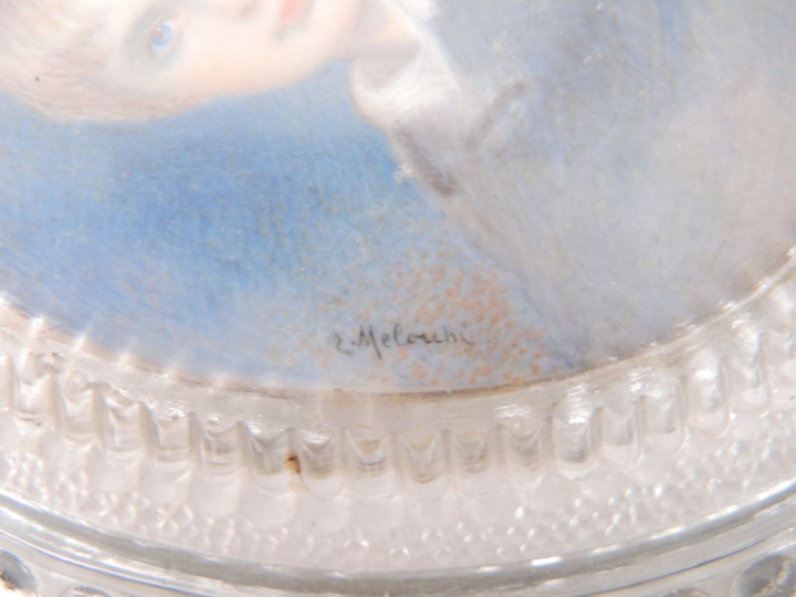 E. MELOUNI « Portrait de fillette aux yeux bleux »  Aquarelle. Signée.