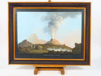 Vente aux enchères Ecole Napolitaine. "L'éruption du Vésuve". Gouache.  Titrée et datée 1