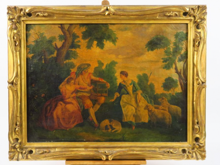 Ecole française XIXème "Scène galante avec animaux".  Huile sur toile.