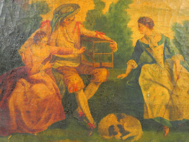 Ecole française XIXème "Scène galante avec animaux".  Huile sur toile.