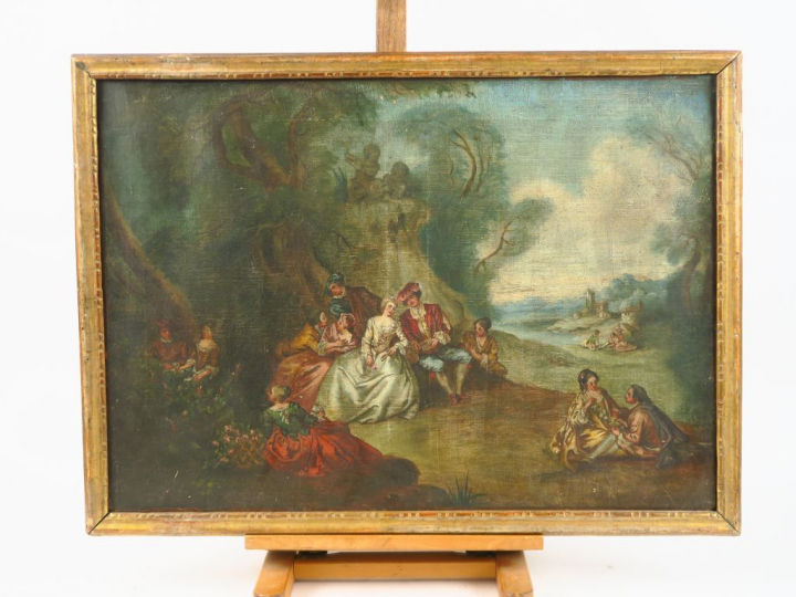 Ecole française dans le goût de Watteau "Scène galante dans un paysage
