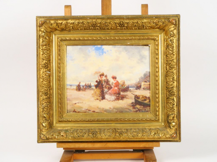 	Ecole française vers 1900 « Elégantes en bord de mer » Huile sur toil