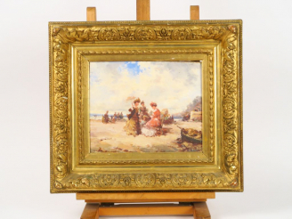 Vente aux enchères 	Ecole française vers 1900 « Elégantes en bord de mer » Huile sur toil