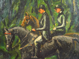 Vente aux enchères CHAURAND-NAURAC "Balade à cheval à Payzac" Huile sur carton. Signée en