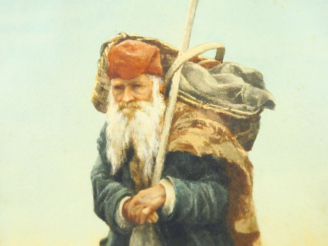 Vente aux enchères H. ALCHIMEWICZ "Vieil homme au baluchon" Aquarelle. Signée en bas à ga