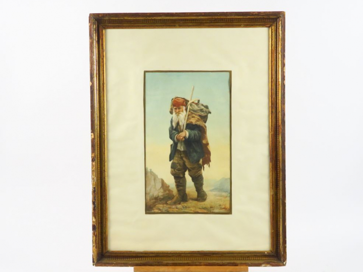 H. ALCHIMEWICZ "Vieil homme au baluchon" Aquarelle. Signée en bas à ga