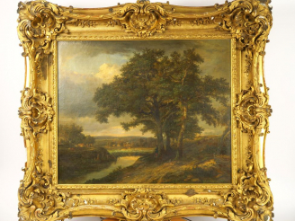 Vente aux enchères J. ANDRE « Paysage animé » Huile sur toile.  Signée en bas à droite et
