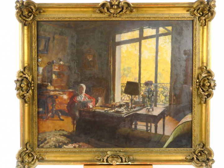 M. JORON "Scène d'intérieur" Huile sur toile. Signée en bas à droite. 