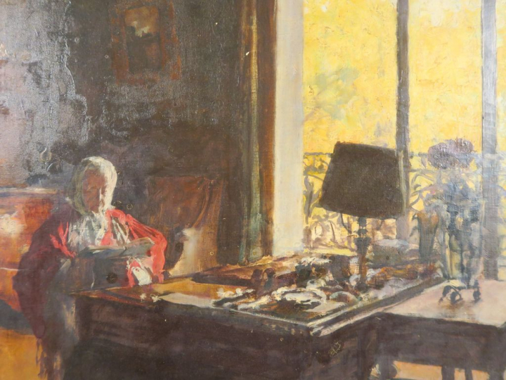 M. JORON "Scène d'intérieur" Huile sur toile. Signée en bas à droite. 