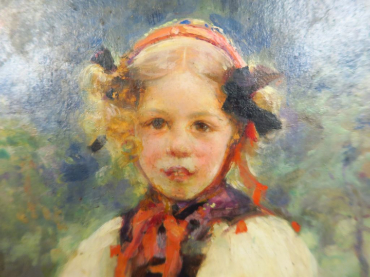 J.A MUENIER « Jeune fille au bouquet de fleurs »  Huile sur carton. Si