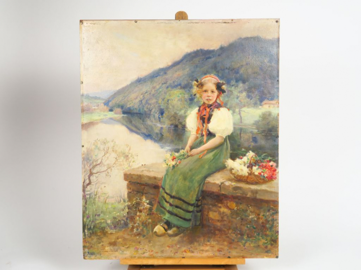 J.A MUENIER « Jeune fille au bouquet de fleurs »  Huile sur carton. Si