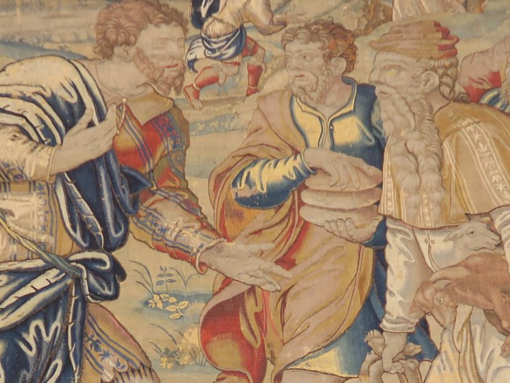 Tapisserie fin XVIème - début XVIIème "Scène animée" 239 x 234 cm (man