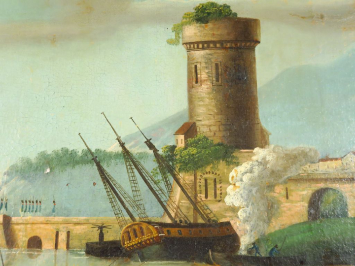 Trumeau fin XVIIIème - début XIXème en bois laqué blanc et doré, à déc