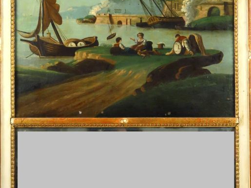 Trumeau fin XVIIIème - début XIXème en bois laqué blanc et doré, à déc