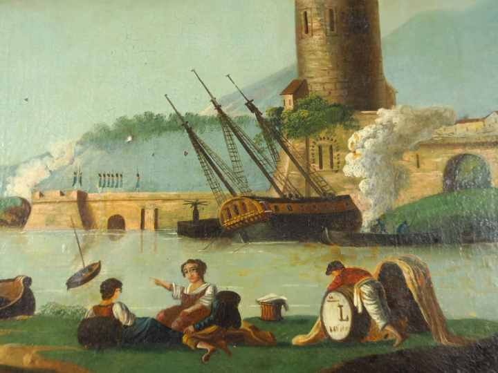 Trumeau fin XVIIIème - début XIXème en bois laqué blanc et doré, à déc