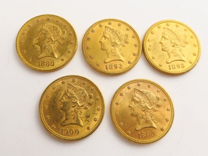 5 pièces de 10 dollars en or : 1880, 2 x 1893, 1895, 1900. FRAIS ACHET
