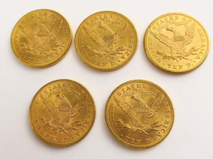 5 pièces de 10 dollars en or : 1880, 2 x 1893, 1895, 1900. FRAIS ACHET