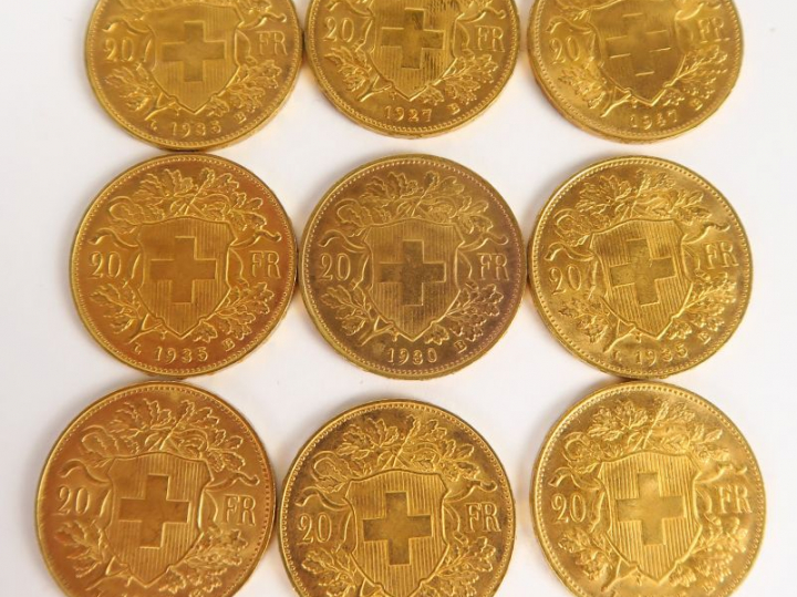 9 pièces de 20 francs Suisse or FRAIS ACHETEUR : 5 % TTC
