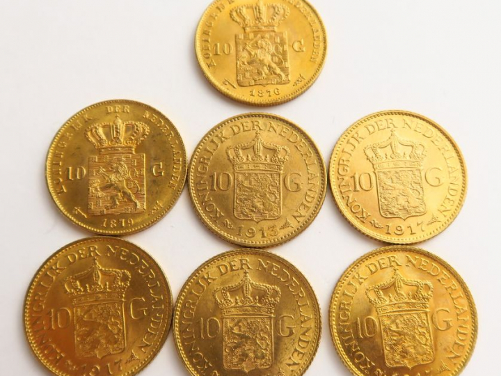 7 pièces de 10 florins hollandais en or FRAIS ACHETEUR : 5 % TTC