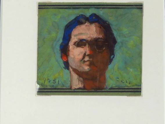 SEIF WANLY "Autoportrait aux cheveux bleus' Aquarelle gouachée. Signée