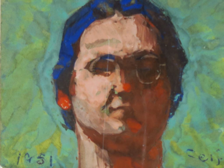 SEIF WANLY "Autoportrait aux cheveux bleus' Aquarelle gouachée. Signée