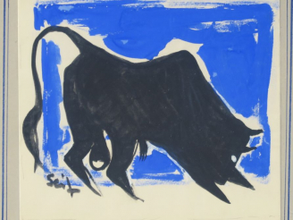 Vente aux enchères SEIF WANLY "Taureau de combat" Technique mixte sur papier. Signée en b