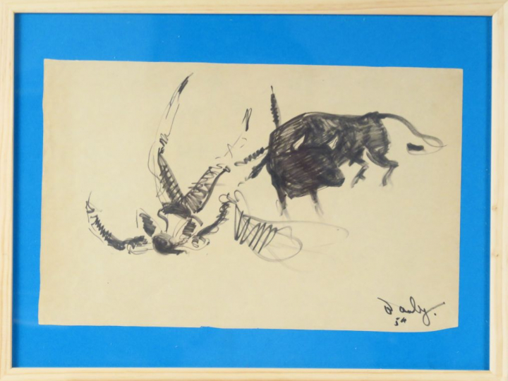 WANLY "Tauromachie" Dessin au feutre. Signé en bas à doite et daté 54.