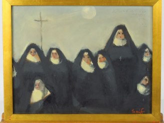 Vente aux enchères SEIF WANLY "Messe de minuit" Huile sur carton. Signée en bas à droite 