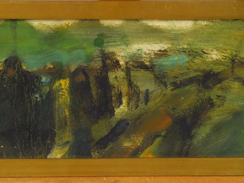 SEIF WANLY "Emigrés" Huile sur carton. Signée en bas à droite. 12 x 39