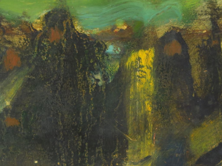 SEIF WANLY "Emigrés" Huile sur carton. Signée en bas à droite. 12 x 39