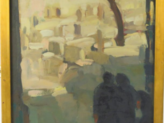 Vente aux enchères FAHMY "Les tombes" Huile sur papier marouflée sur carton. Signée en ba