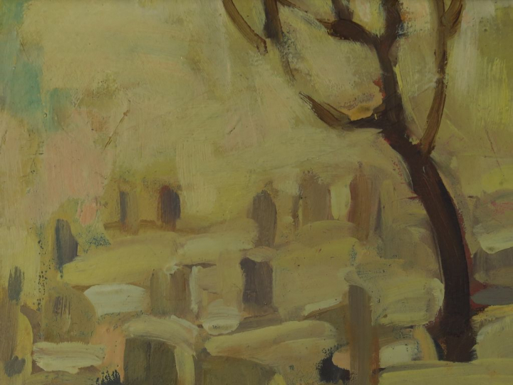 FAHMY "Les tombes" Huile sur papier marouflée sur carton. Signée en ba