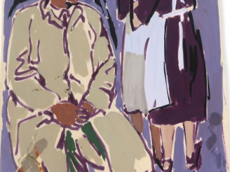 Vente aux enchères HAMED ABDALLAH "Camarades" Gouache.  Signée en bas à droite et située 