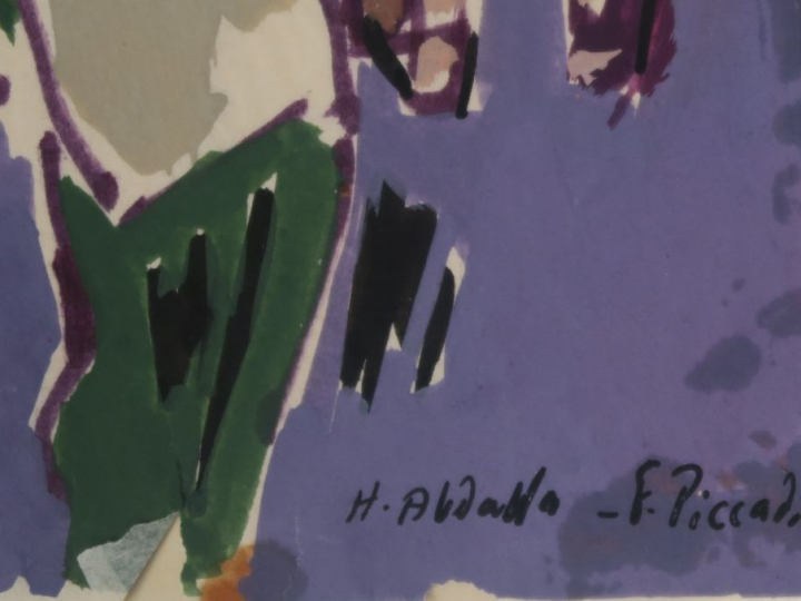 HAMED ABDALLAH "Camarades" Gouache.  Signée en bas à droite et située 