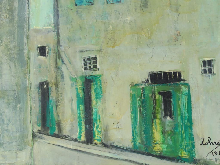 ZOHRA "Maisons de pêcheurs" Huile sur panneau. Signée en bas à droite 