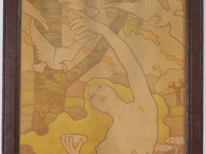 Paul BERTHON "Nymphe nue appelant un vol de colombes" Lithographie.  M