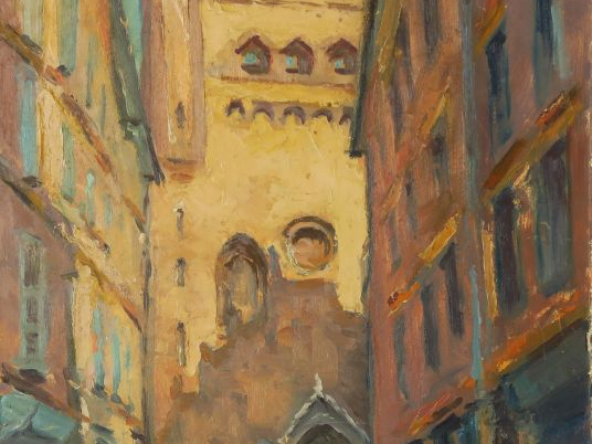 BERTOIN "Toulouse, l'église du Taur" Huile sur panneau. Signée en bas 