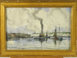 Vente aux enchères Frank BOGGS « Le port de Dieppe » Aquarelle.  Signée et située en bas 