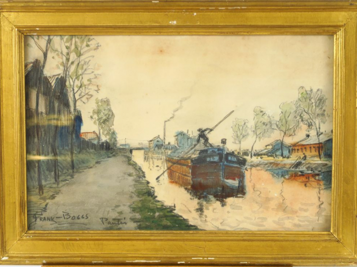 	Frank BOGGS « Les péniches à Pantin » Aquarelle.  Signée et située en