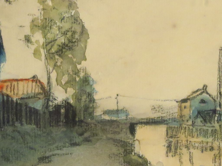 	Frank BOGGS « Les péniches à Pantin » Aquarelle.  Signée et située en