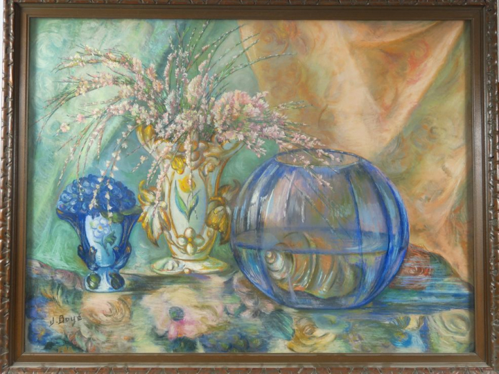 J. BOYE "Nature morte au bouquet de fleurs et à l'aquarium" Pastel. Si