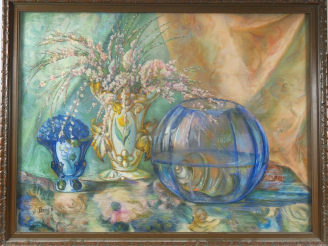Vente aux enchères J. BOYE "Nature morte au bouquet de fleurs et à l'aquarium" Pastel. Si