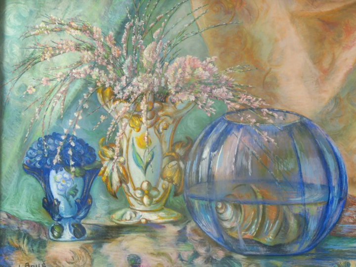J. BOYE "Nature morte au bouquet de fleurs et à l'aquarium" Pastel. Si