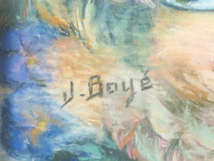 J. BOYE "Nature morte au bouquet de fleurs et à l'aquarium" Pastel. Si
