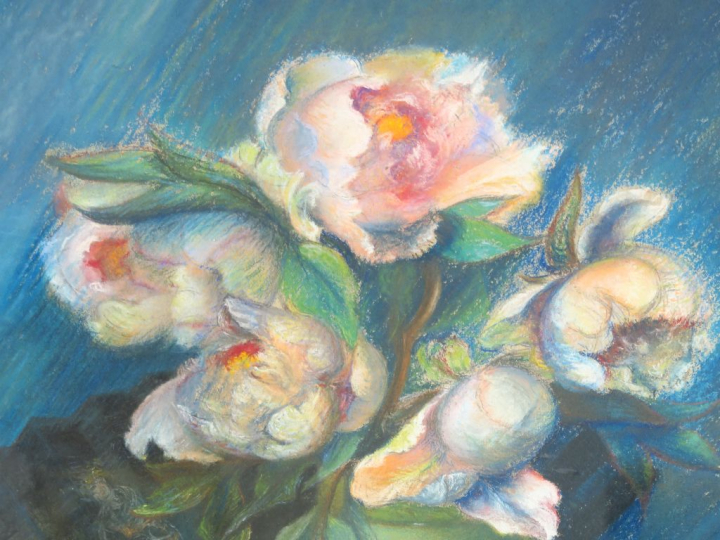 J. BOYE "Nature morte au bouqet de pivoines" Pastel. Signé en bas à ga
