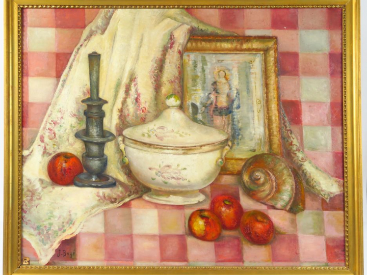 J. BOYE "Nature morte aux fruits et à la soupière" Huile sur toile.  S